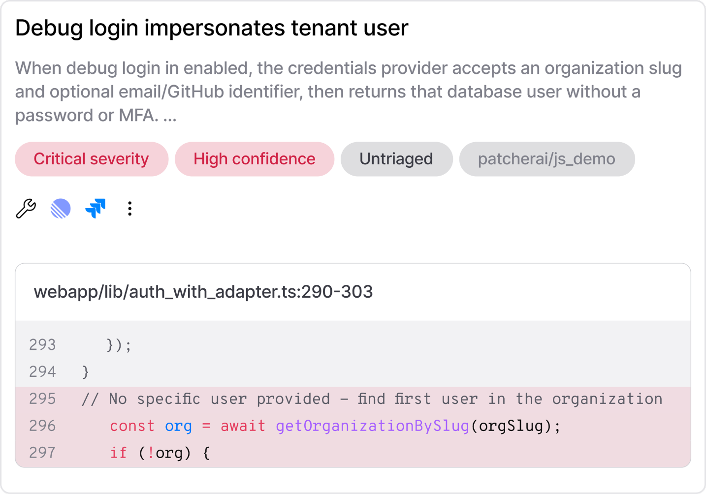 Code finding showing a debug login impersonation vulnerability