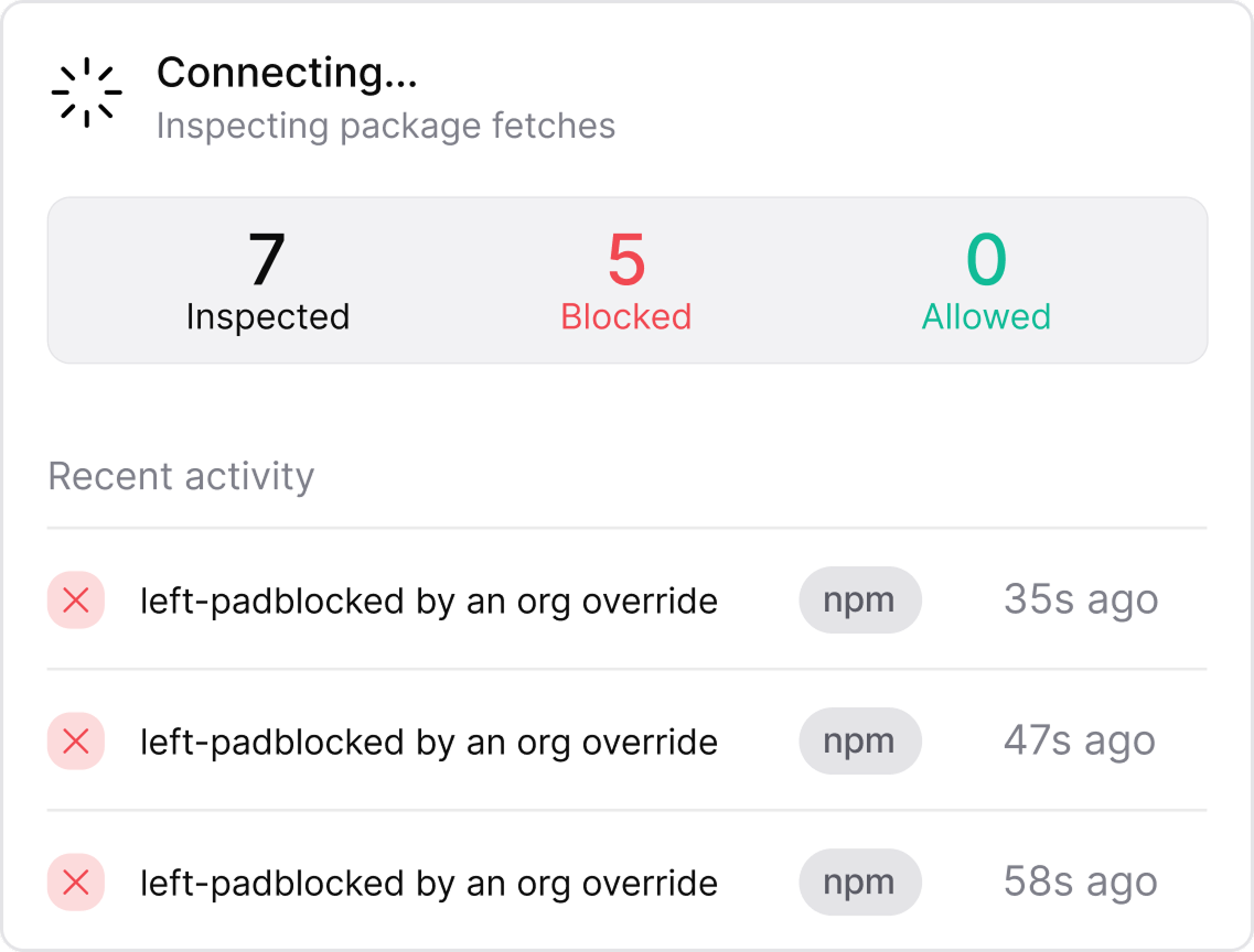 Dependency Firewall activity showing blocked package events